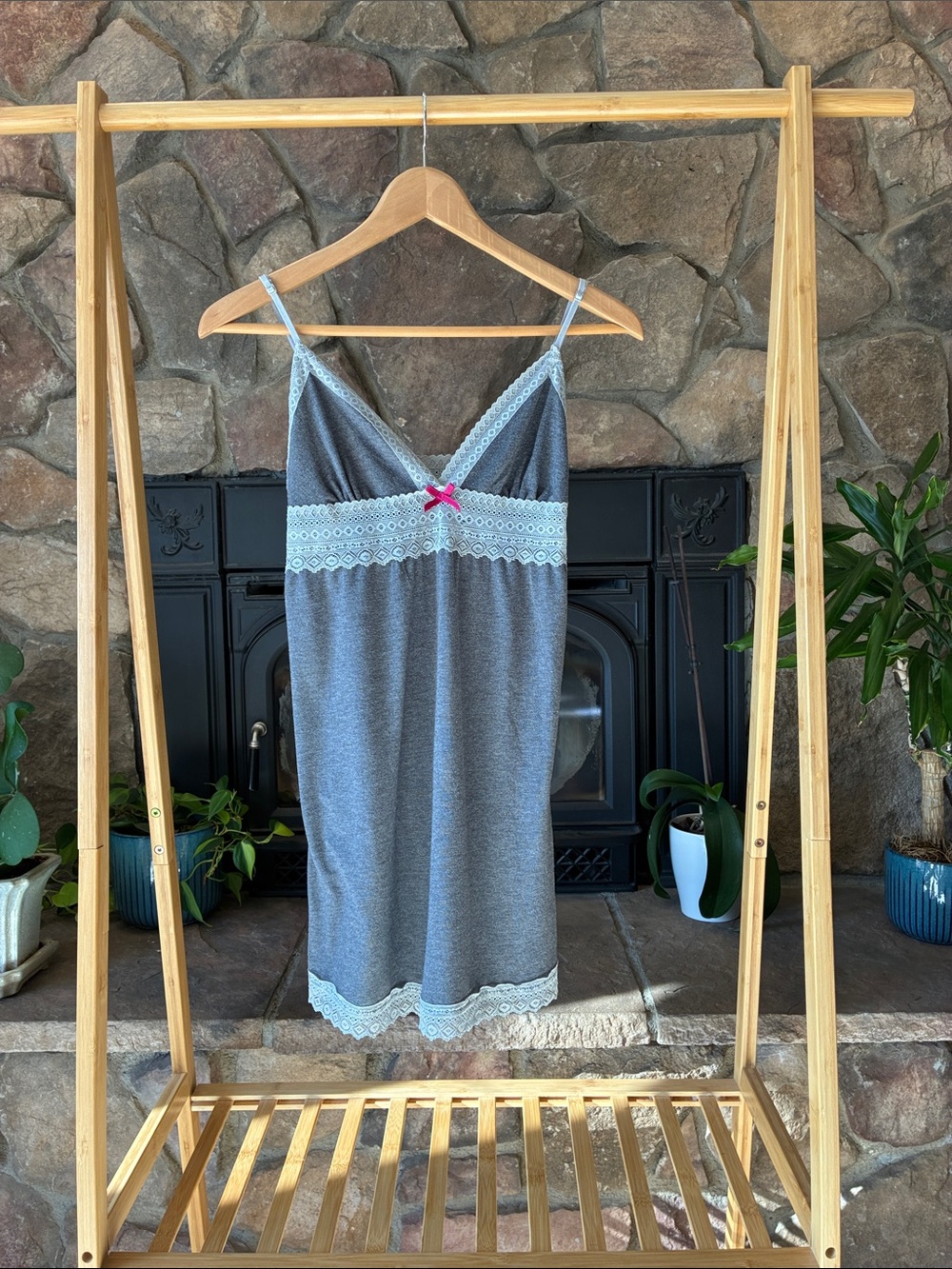 Gilligan & O'Malley Gray Chemise with Cream Lace and Pink Bow